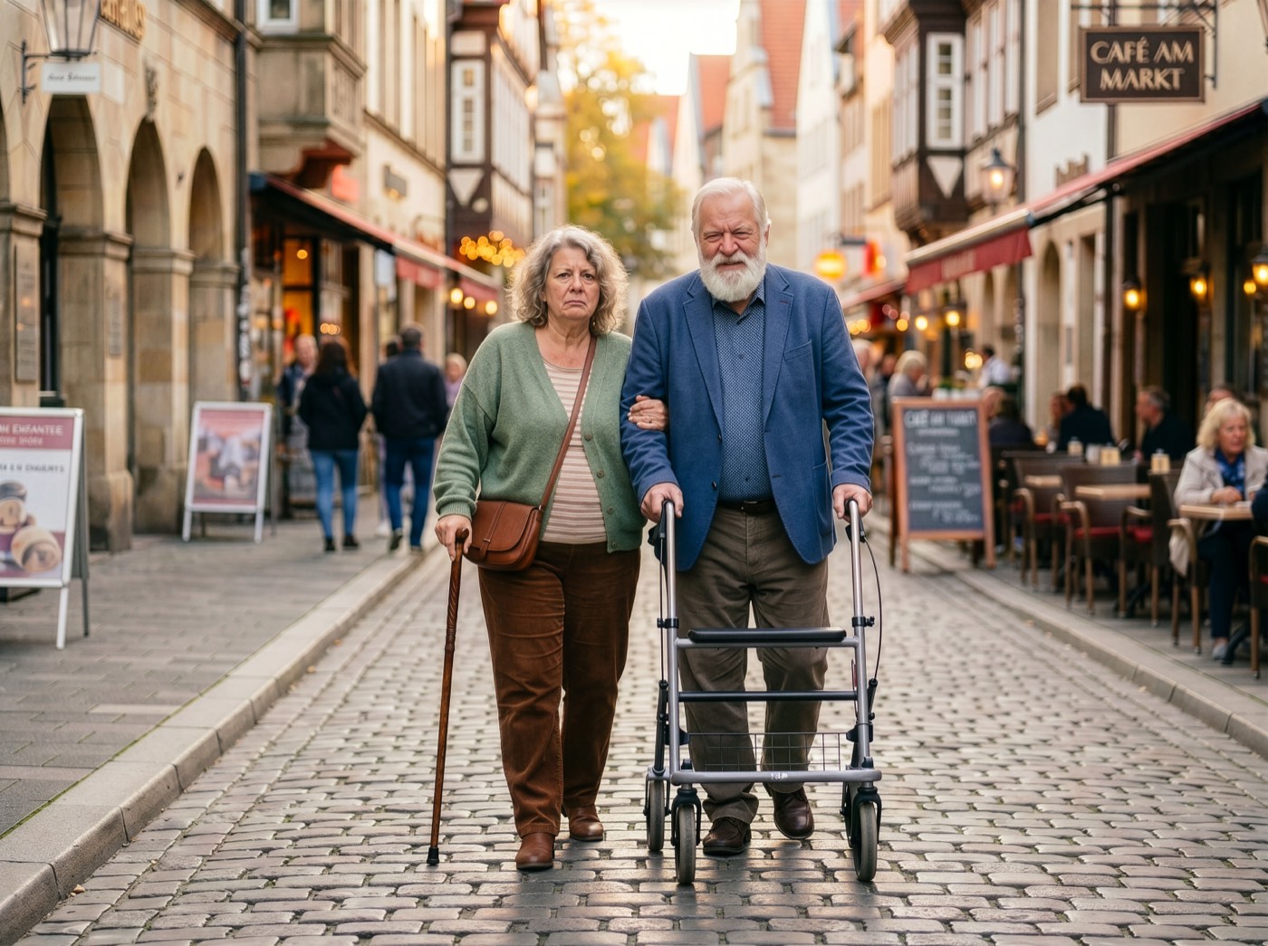Älteres Paar geht mühsam durch eine Gasse – sie am Gehstock, er am Rollator